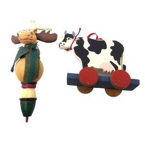 Cow and Moose Rustic Wooden Christmas Ornaments Lot of 2 Vintage READ